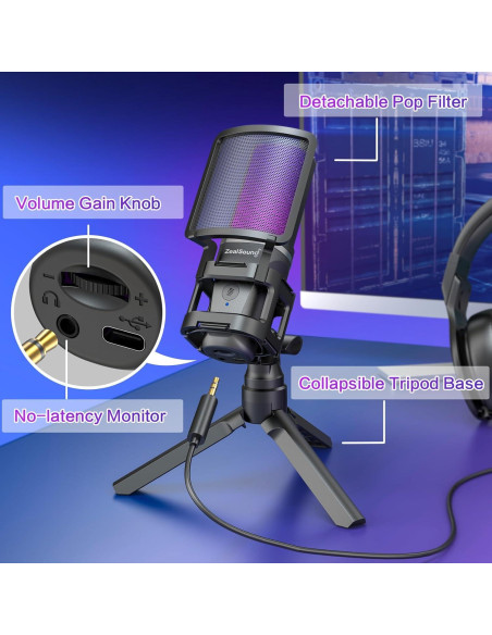Micrófono de Condensador USB ZealSound K08-2S-FBA Negro Micrófono de Condensador USB ZealSound K08-2S-FBA Negro