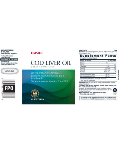 Suplemento Omega 3 GNC Aceite de Hígado de Bacalao 260mg 90 Gelatinas