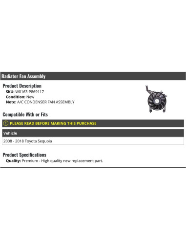 Conjunto Ventilador Radiador A/C Marketplace Auto Parts 2008-2018 Toyota Sequoia