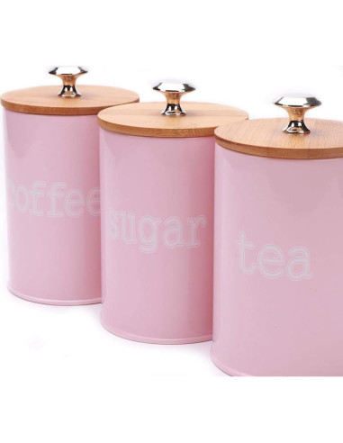 Juego de 3 Latas de Almacenamiento KL Rosa Mate con Tapa de Bambú