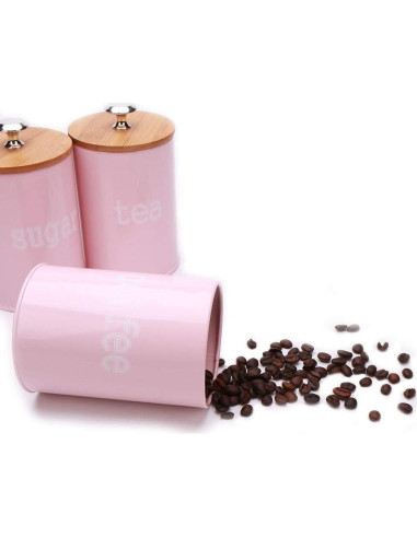 Juego de 3 Latas de Almacenamiento KL Rosa Mate con Tapa de Bambú