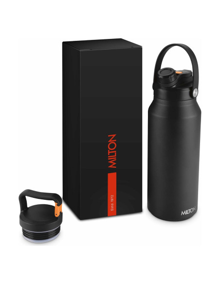 Botella de Agua de Acero Inoxidable Milton 1.18L Negra con 2 Tapas Botella de Agua de Acero Inoxidable Milton 1.18L Negra con 2 Tapas