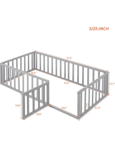Cama Montessori en el Suelo Bellemave Twin con Cerca y Puerta Gris