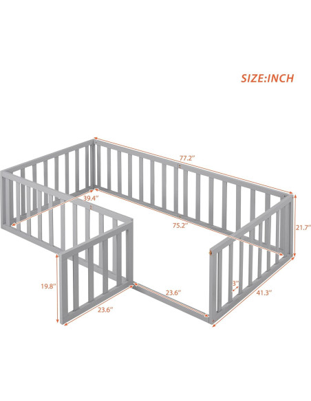 Cama Montessori en el Suelo Bellemave Twin con Cerca y Puerta Gris Cama Montessori en el Suelo Bellemave Twin con Cerca y Puerta Gris