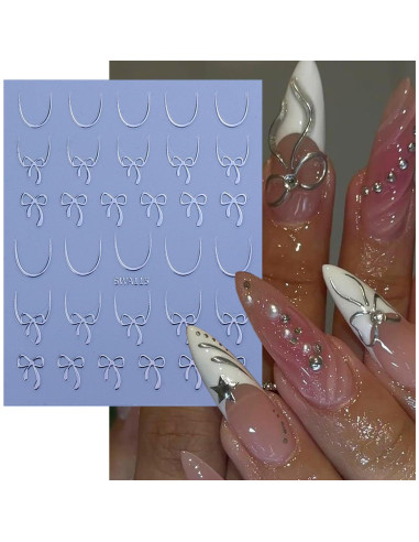 Calcomanías de Uñas Francesas 3D NZRAESTRS - 6 Hojas Doradas y Plateadas