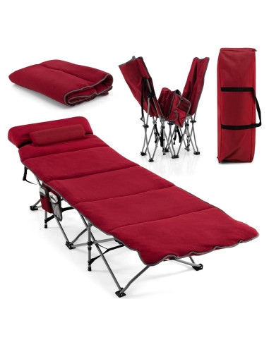 Cama de Camping Plegable Tangkula con Colchón y Almohada Roja