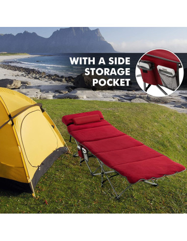 Cama de Camping Plegable Tangkula con Colchón y Almohada Roja