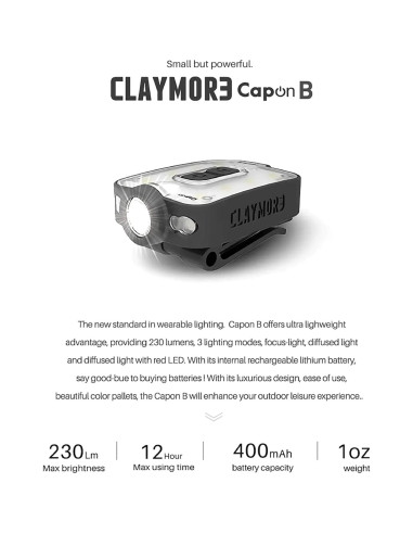 Linterna de Cabeza Recargable Claymore Capon 40B Negra - 230 Lúmenes, USB-C, 12 Horas