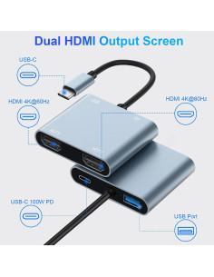 Adaptador USB C a Doble HDMI 4K 60Hz Denlane con USB 3.0 2