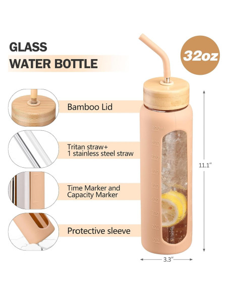 Botella de Agua de Vidrio 32oz NOLOGLAZIC con 2 Tapas y Soporte Botella de Agua de Vidrio 32oz NOLOGLAZIC con 2 Tapas y Soporte