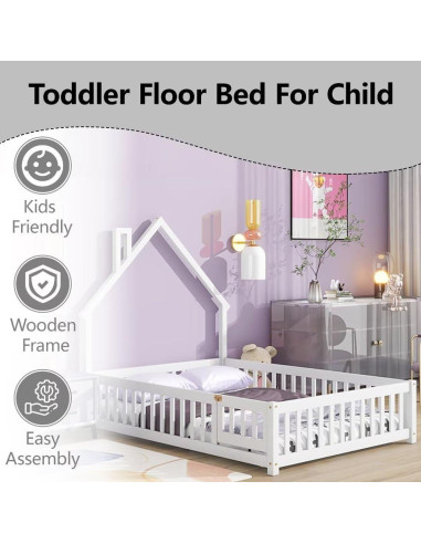 Cama Montessori Completa TURRIDU Blanca con Barandillas y Puerta