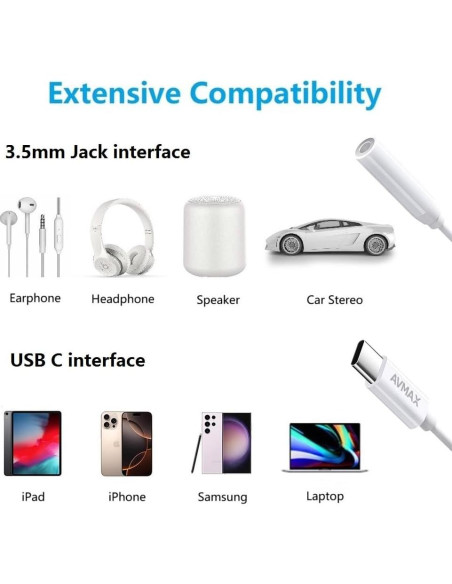 Adaptador de Auriculares AVMAX USB C a 3.5mm HiFi 2 Pack Adaptador de Auriculares AVMAX USB C a 3.5mm HiFi 2 Pack