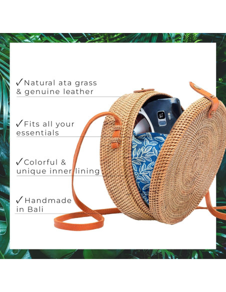 Bolso Redondo de Ratan Novum Crafts para Mujeres - Cartera Tejida a Mano Marrón Bolso Redondo de Ratan Novum Crafts para Mujeres - Cartera Tejida a Mano Marrón
