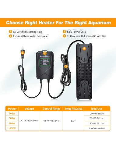 Calentador de Acuario MantaMaze 500W para 284-511 Litros