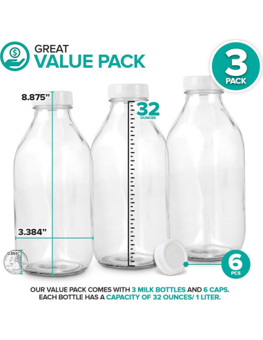 Botellas de Leche de Vidrio Almacena Tu Hogar 1L - Paquete de 3