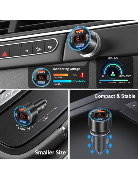 Cargador de coche Bangfun 65W 4 puertos USB-C con voltímetro Cargador de coche Bangfun 65W 4 puertos USB-C con voltímetro