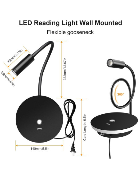 Luz de Lectura de Pared ERAY con USB y 3 Colores - Paquete de 2 Luz de Lectura de Pared ERAY con USB y 3 Colores - Paquete de 2