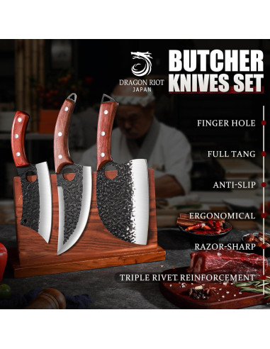 Conjunto de Cuchillos de Carnicero DRAGON RIOT 3Pcs Acero Carbono