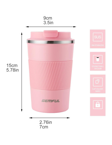 Taza de Café de Viaje GEMFUL 13 oz Acero Inoxidable Rosa