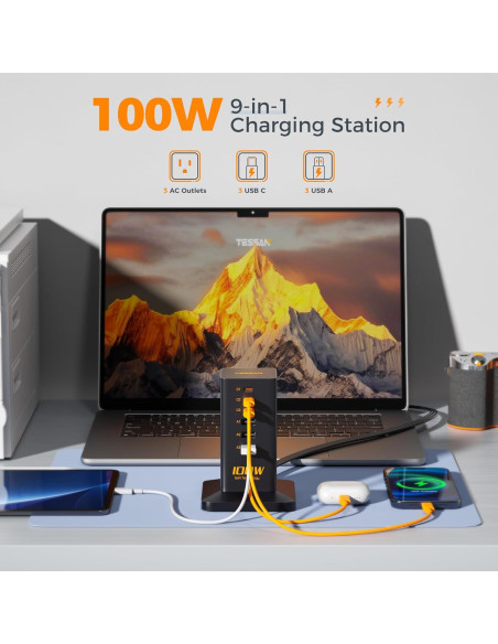 Estación de Carga TESSAN 100W 9-en-1 con 3 AC y USB Estación de Carga TESSAN 100W 9-en-1 con 3 AC y USB
