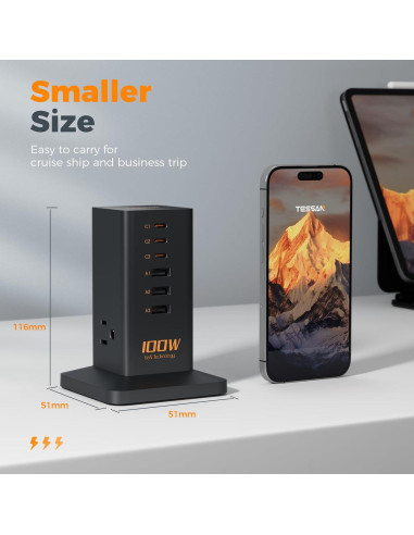 Estación de Carga TESSAN 100W 9-en-1 con 3 AC y USB