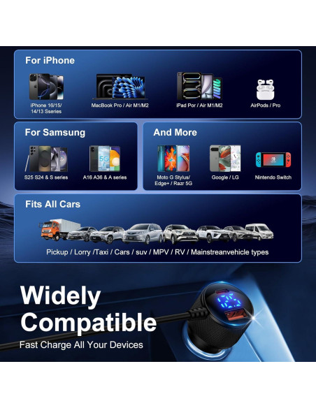 Cargador de coche 78W USB C Samsung con cable 3.3FT incorporado Cargador de coche 78W USB C Samsung con cable 3.3FT incorporado