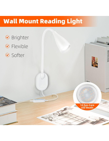 Lámpara de lectura LED de pared LiFMIRA con USB, 10 niveles Lámpara de lectura LED de pared LiFMIRA con USB, 10 niveles
