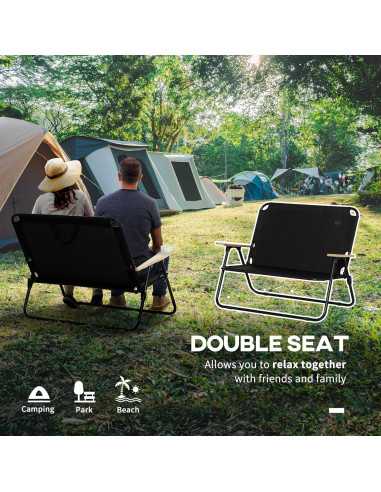 Silla de Camping Plegable Doble Outsunny, Loveseat Negro para 2 Adultos