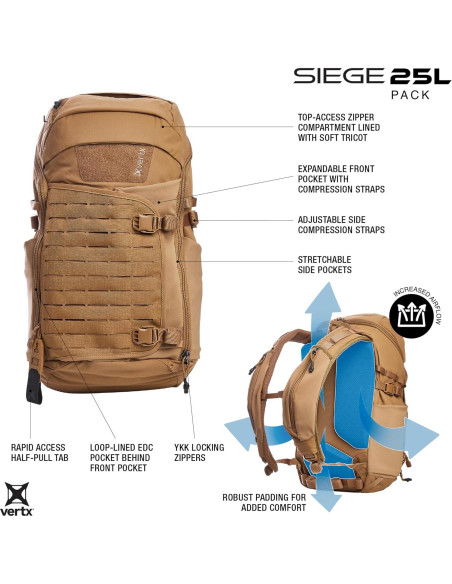 Mochila Táctica Vertx Siege 25L Nylon Coyote con MOLLE Mochila Táctica Vertx Siege 25L Nylon Coyote con MOLLE