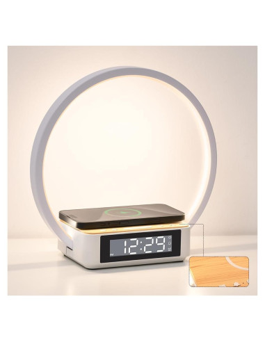 Lámpara de Mesa Táctil WILIT con Reloj Despertador y Cargador Inalámbrico, Luz Nocturna Regulable