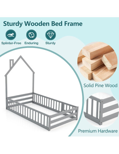 Cama de Piso Twin KOMFOTT Madera con Cabecera Casa Gris