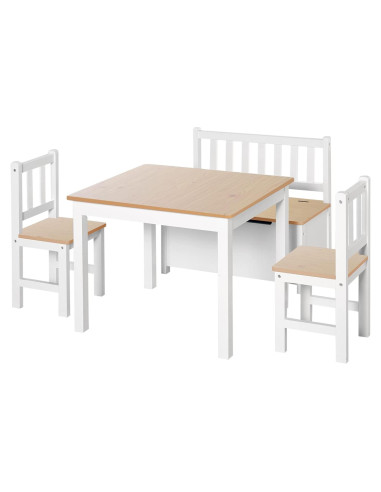 Conjunto de Mesa y Sillas para Niños Qaba 4 Piezas Madera Natural