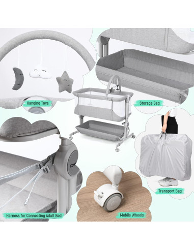Cuna de Bebé Cowiewie Plegable con Ruedas y Cesta Almacenamiento