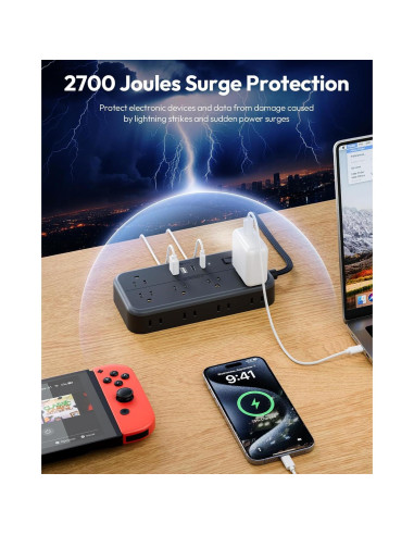 Regleta NTONPOWER 10 Salidas 4 USB 5 Pies Protección Sobretensión