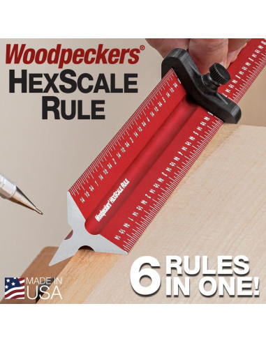 Regla HexScale Woodpeckers 12" (300mm) 6-en-1 con Parada