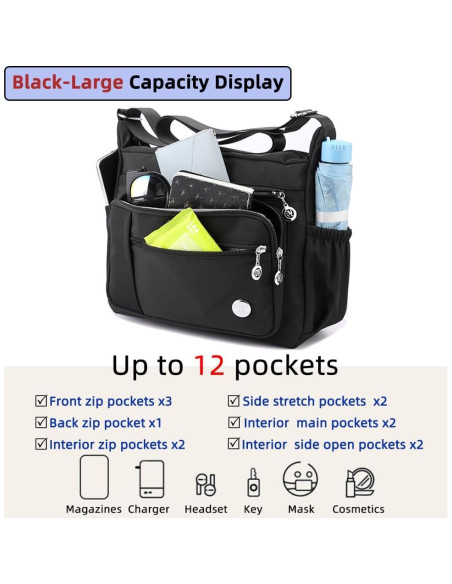 Bolso de Hombro MINTEGRA Negro Grande con Múltiples Bolsillos Bolso de Hombro MINTEGRA Negro Grande con Múltiples Bolsillos