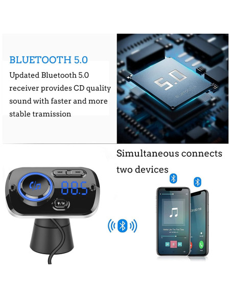 Transmisor FM Bluetooth 5.0 Arestech con Carga Rápida QC 3.0 Transmisor FM Bluetooth 5.0 Arestech con Carga Rápida QC 3.0
