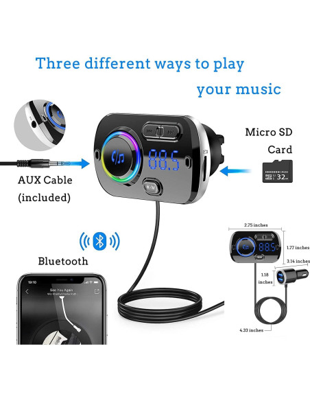 Transmisor FM Bluetooth 5.0 Arestech con Carga Rápida QC 3.0 Transmisor FM Bluetooth 5.0 Arestech con Carga Rápida QC 3.0