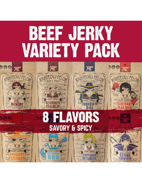 Paquete Variado de Beef Jerky Righteous Felon 622g Sin Gluten Paquete Variado de Beef Jerky Righteous Felon 622g Sin Gluten