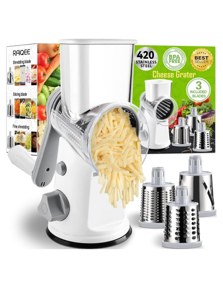 Rallador de Queso Rotativo RAIQEE con 3 Cuchillas Intercambiables Rallador de Queso Rotativo RAIQEE con 3 Cuchillas Intercambiables
