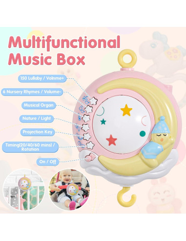 Móvil Musical para Cuna BOBCIN Rosa con Proyector y Luz