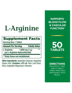 L-Arginina Nature's Bounty 1000mg 50 Tabletas Vegetales 2