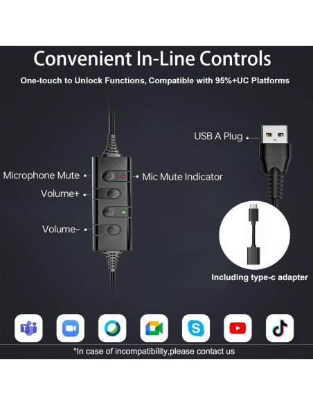 Auricular USB Arama A600 con micrófono, cancelación de ruido Auricular USB Arama A600 con micrófono, cancelación de ruido
