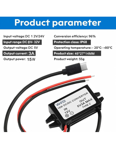 Paquete de 2 Convertidores DC a 5V 3A Tipo-C VanFeb