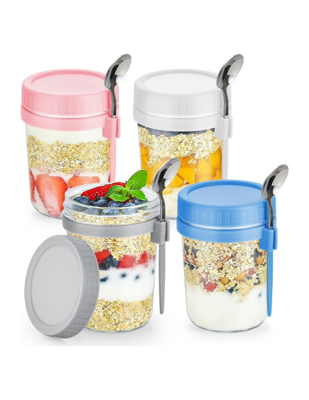 Contenedores de Avena Nocturna DRKIO 4 Piezas 473ml Vidrio Contenedores de Avena Nocturna DRKIO 4 Piezas 473ml Vidrio