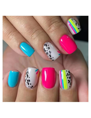Uñas Postizas Cortas Cuadradas Geyakal 24 Pcs Brillantes