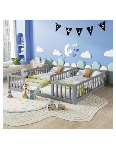 Cama de Piso Twin Luckiofvonne con Barandillas - Gris