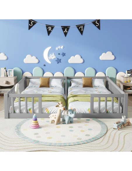 Cama de Piso Twin Luckiofvonne con Barandillas - Gris Cama de Piso Twin Luckiofvonne con Barandillas - Gris