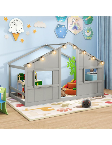 Cama Casa Infantil Giantex Twin con Luces LED - Madera Gris Cama Casa Infantil Giantex Twin con Luces LED - Madera Gris