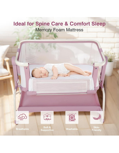 Cuna de Lado 3 en 1 QueenFul Rosa Ajustable Plegable